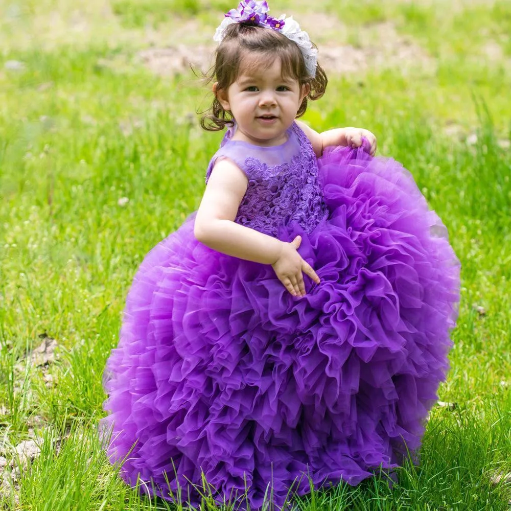 

Purple 2019 Flower Girl Dresses For Weddings Ball Gown Scoop Tulle Lace Ruffles Long First Communion Dresses For Little Girls