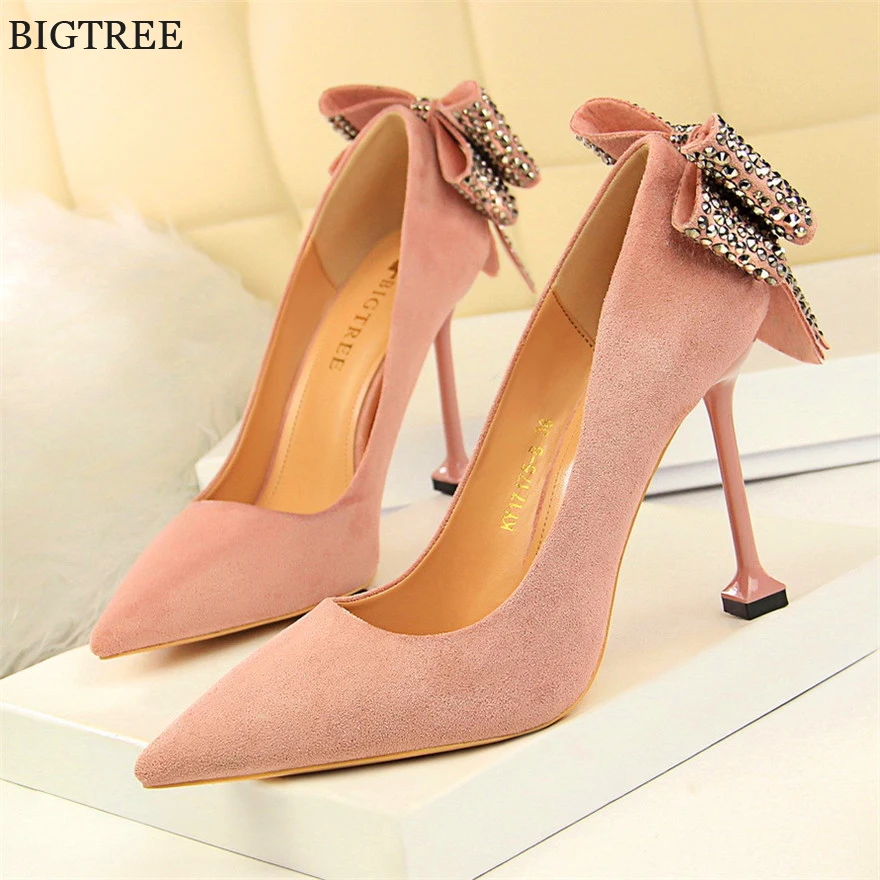 

Fashion Crystal Bowknot Women Pumps New Wedding Red Pink Solid Flock High Heels 9.5cm Pointy Toe Ladies Party Shoes Dress Autumn