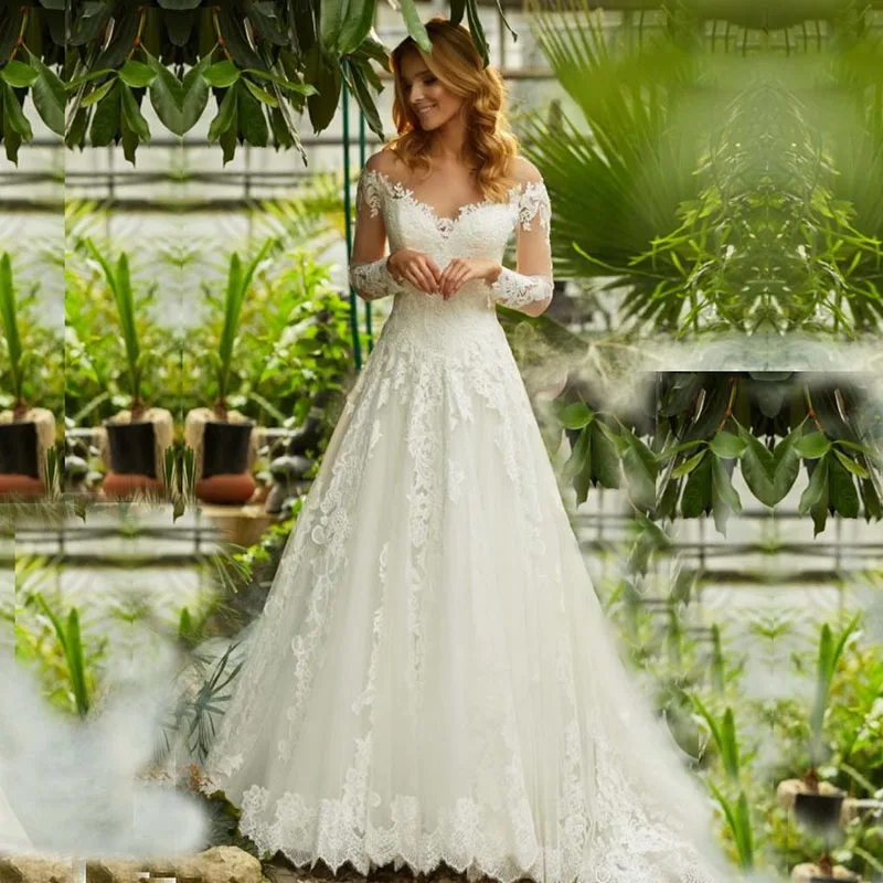 

Sheer Scoop Long Sleeves Wedding Dresses Lace And Tulle Appliques A-Line Formal Wedding Gowns Custom Made Bride Dress