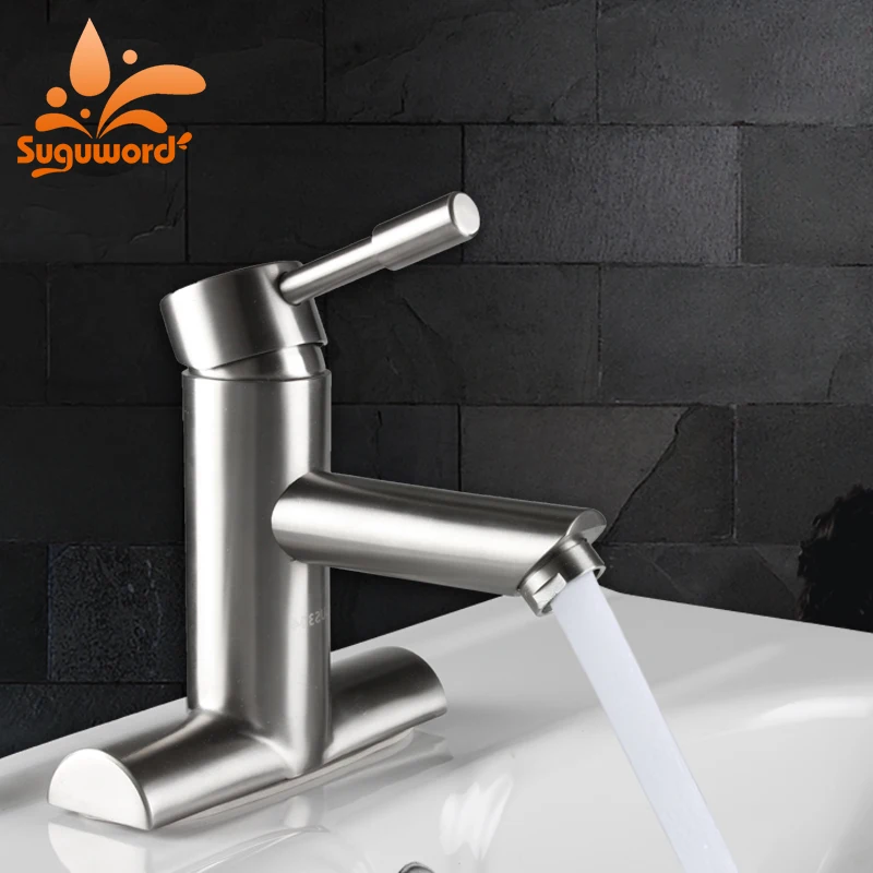

Suguword Brushed Nickel Basin Faucet with Hot and Cold Water Ceramic Valve Deck Mounted Mixer Taps Stainless Steel Material
