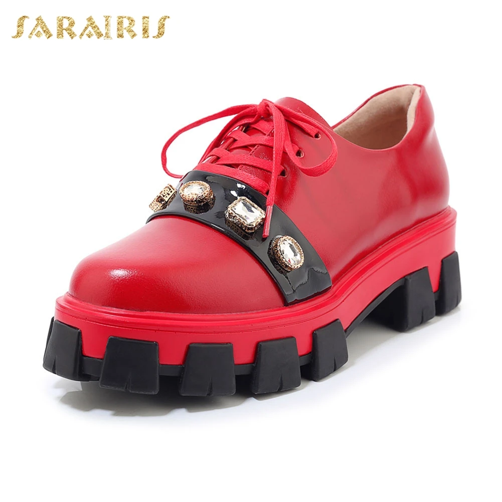 

Sarairis Brand New Fashion women's Genuine Leather Crystal Lady Chunky Heels Shoes Woman Casual Party Autumn Spring Pumps
