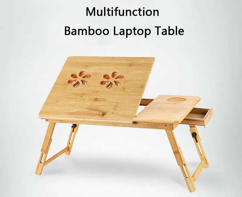 Складной портативный бамбуковый столик для ноутбука Регулируемая Кровать Подставка для ноутбука стол с двойным охлаждающим вентилятором с ящиком 50*30 см