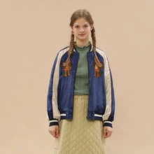 Уличная куртка-бомбер, Базовая куртка для женщин и мужчин, мультяшная обезьяна, вышивка, атлас, Толстая теплая верхняя одежда, пальто, синий, белый, новинка, двусторонняя