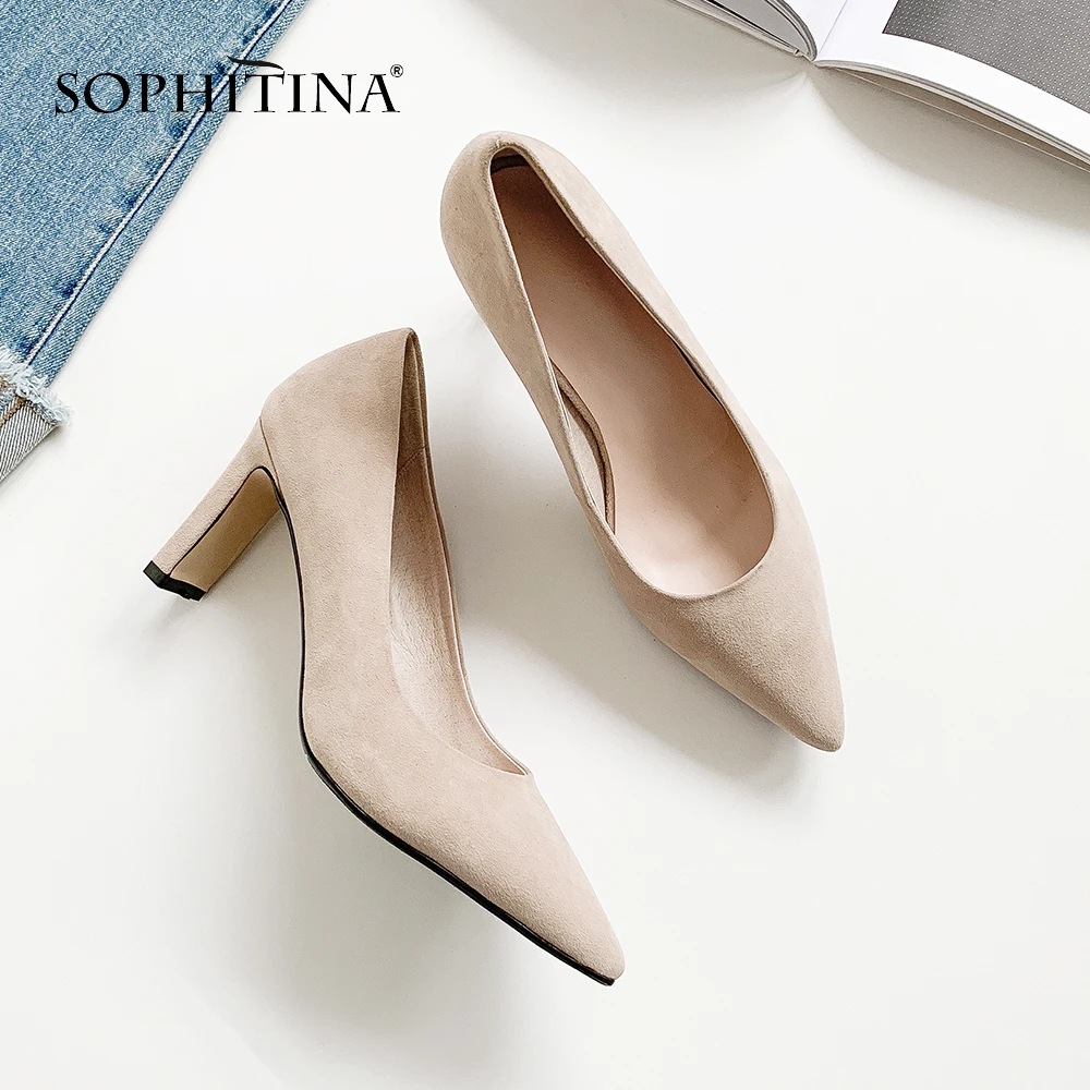 

SOPHITINA Large Size 33-43 Pumps New High Square Heels Pointed Toe Comfortable Kid Suede Shoes Elegant Office Women's Pumps MO63