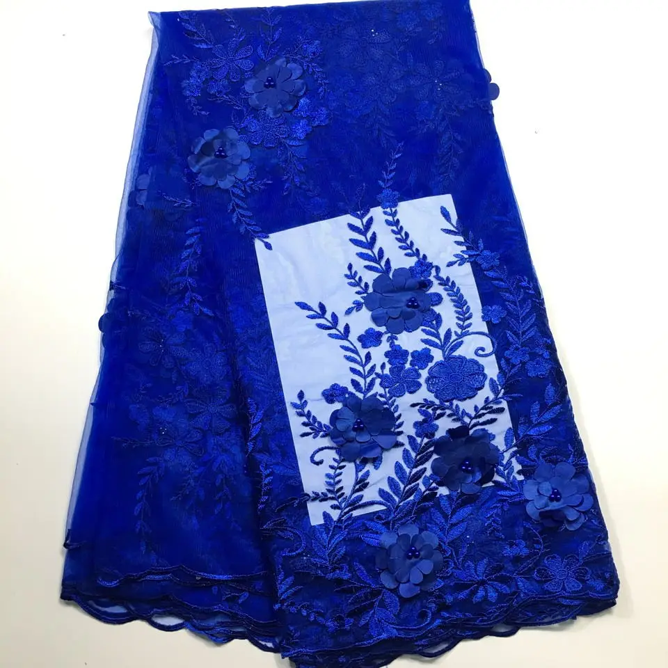 Королевский синий 3D Тюль кружевная ткань Африканская кружевная ткань высокое качество кружева с бисером, нигерийские кружевные ткани для свадьбы M2608