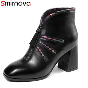 

Smirnova new arrival leather boots red black thick heels boots women 2018 zip square toe ankle boots unique women brand boots