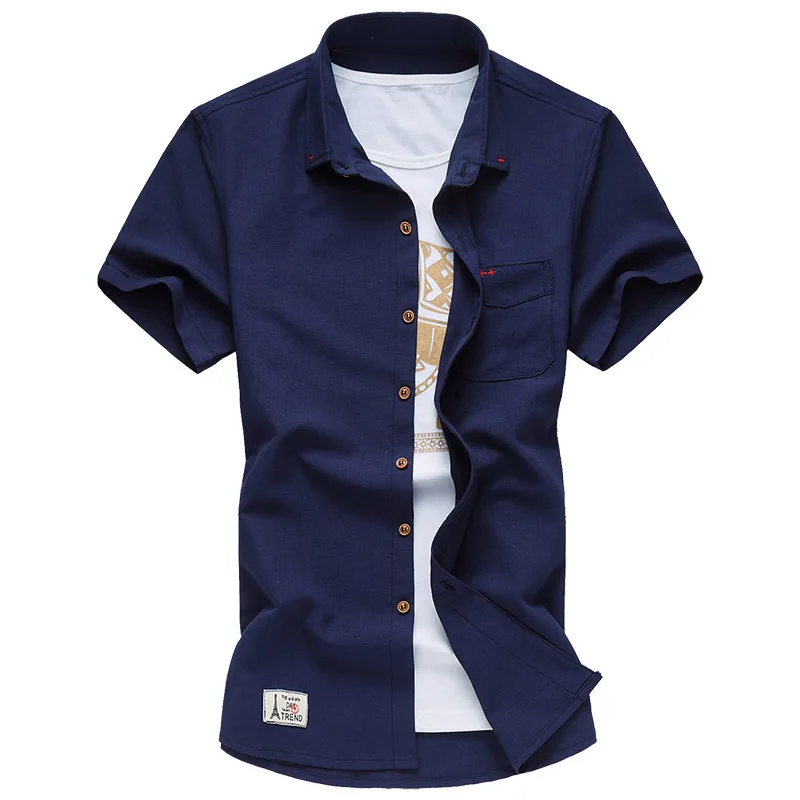 Мужские льняные рубашки большого размера, лето, с коротким рукавом, с вышивкой, одноцветные, облегающие, модные, брендовые, мужские, повседневные рубашки 6XL 7XL - Цвет: Navy