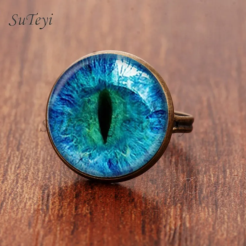 

SUTEYI 1 Pc Free Shipping Rings Vintage Glass For Cat Eye Ring Art Picture Bronze Plated Adjustable Handmade Crystal Jewelry