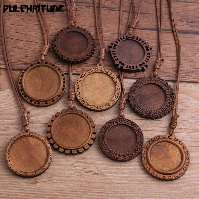 

2pcs 25/30mm Inner Size Wood Cabochon Settings Blank Cameo Pendant Base Trays With Leather Cord For Jewelry Making
