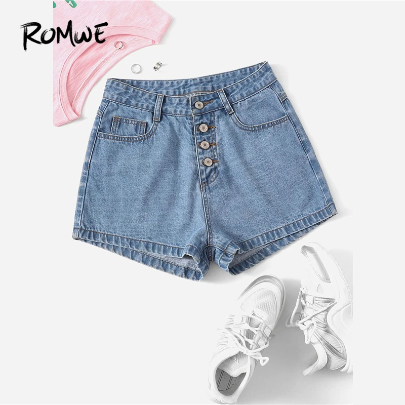 

ROMWE Pocket Detail Buttoned Fly Denim Shorts Blue 2019 Fabulous Summer Straight Leg Shorts Glamorous Young Women Shorts