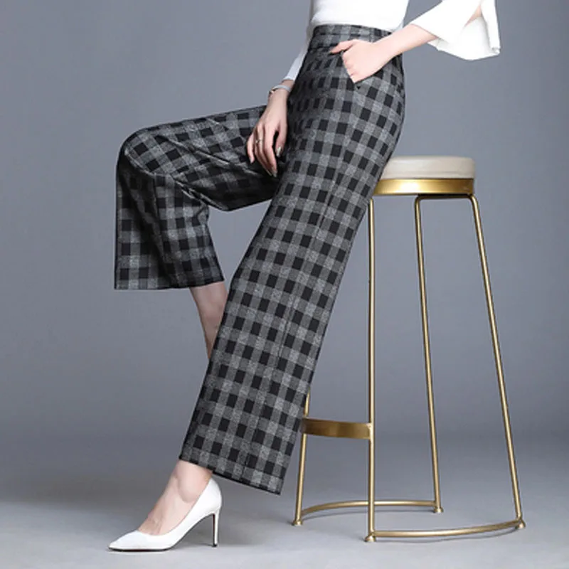 

2019 Spring European Style Women Trousers Anklet-Length Pants Plaid Loose Wide Leg Pants High Waist Female Capris Plus Size 6XL