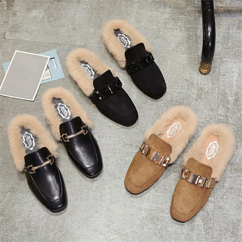 

autumn winter new real fur mules women lazy shoes loafers comfort pregnant shoes women furry slides fluffy hairy flip flops