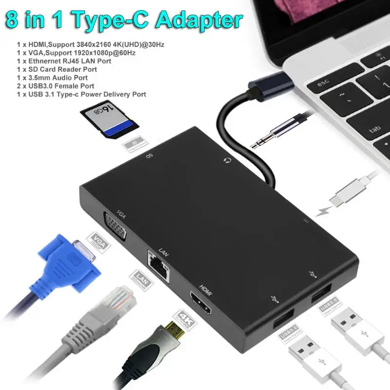 Type-C 8 in 1 Adapter USB Hubs USB-C to 4K HDMI VGA LAN for SD Audio Type-C USB3.0 Converter Hub Gigabit Ethnernet RJ45 Slot Type-C 8 in 1 Adapter USB Hubs USB-C to 4K HDMI VGA LAN for SD Audio Type-C USB3.0 Converter Hub Gigabit Ethnernet RJ45 Slot