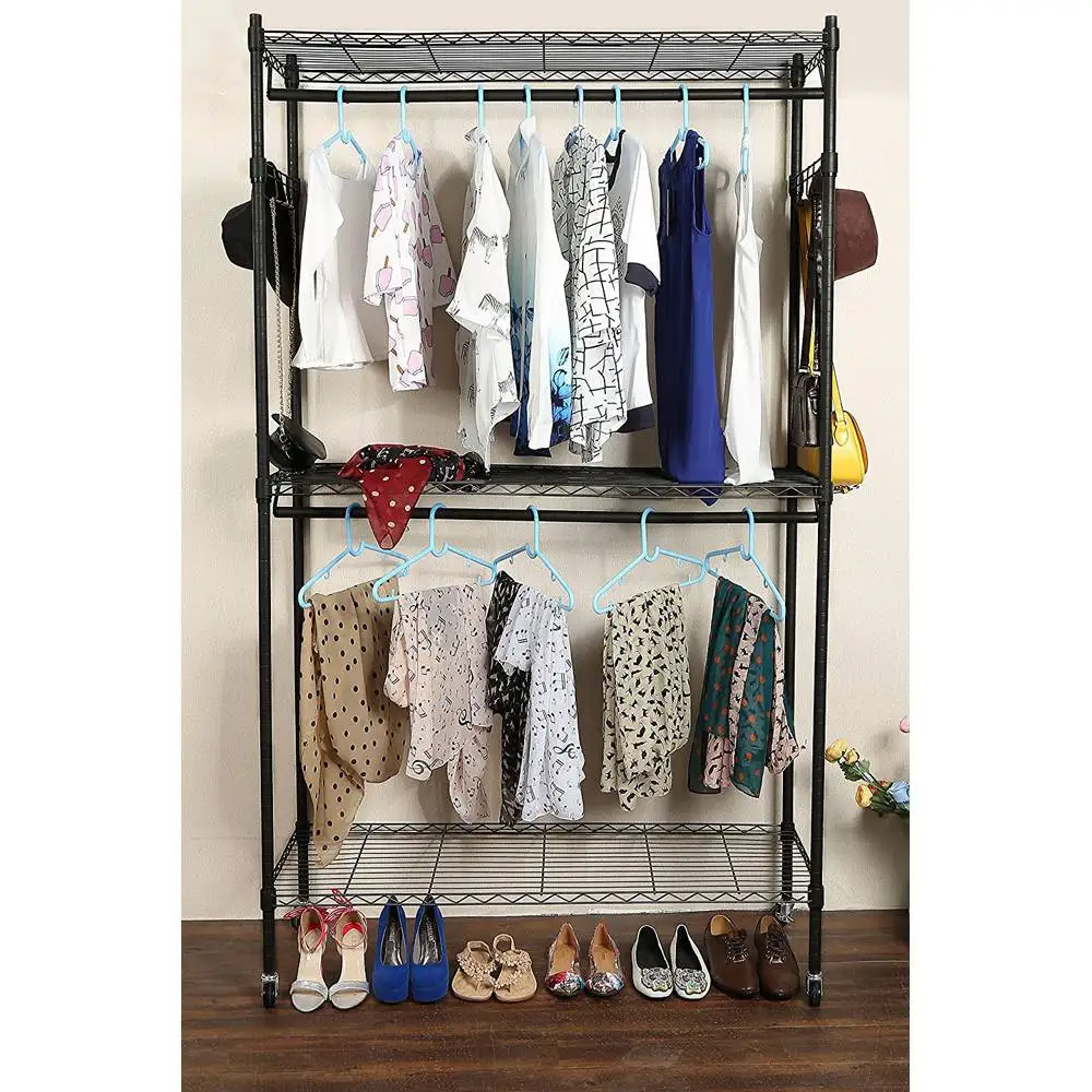 

Double Layer Powder Coating Mesh Garment Rack Hanger with 2pcs Cross Bar Clothes Hanger and 2pcs 4 Hooks Bars Black