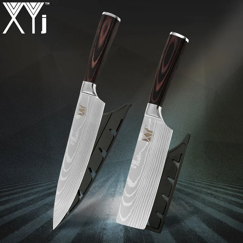 XYj 8" 7" inch Japanese Kitchen Knives Imitation Damascus Pattern Chopping Chef Knife With Knife Cover Stainless Steel Knife Set - Цвет: 2PCS