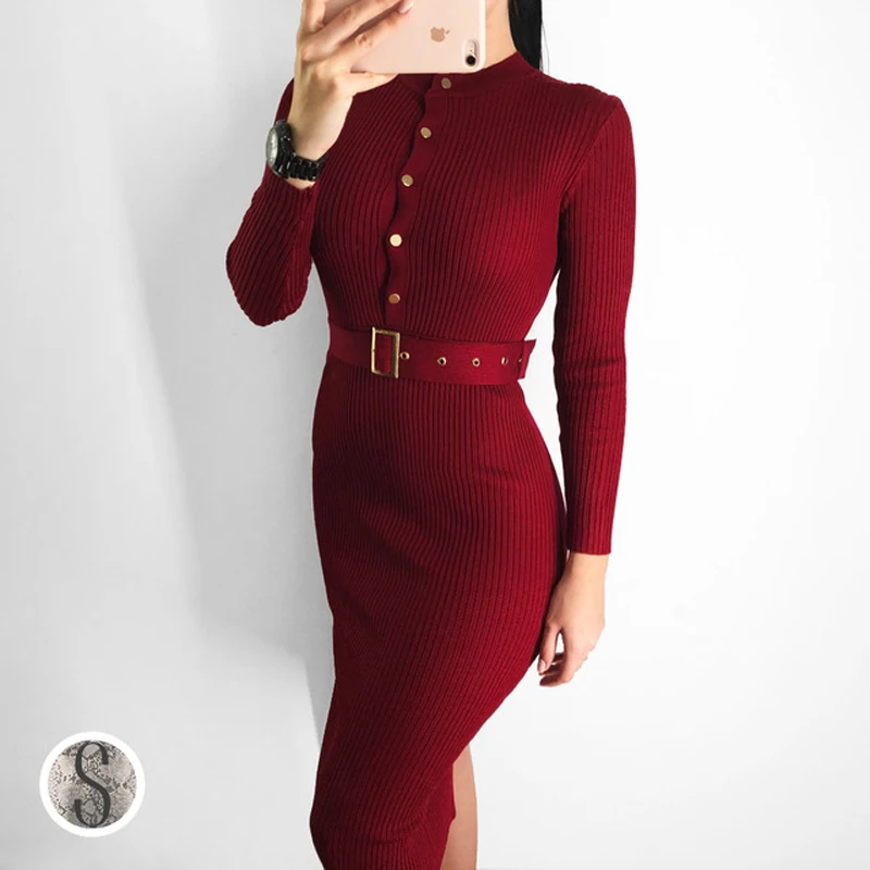 2019 тонкий Платья-свитеры Для женщин с длинными рукавами элегантное праздничное платье пикантные посылка хип пояса Vestido одноцветное Цвет