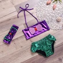 Детские купальники для девочек Mermiad Scales Print бикини с бретельками Топы+ пляжный шорты купальник+ Бант Набор для волос комплекты для девочек