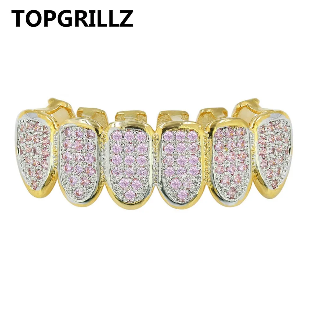 TOPGRILLZ пользовательский подходит Золотой цвет розовый микро проложить кубический циркон верхние и нижние зубы Grillz хип-хоп золотые грили для Рождественский подарок