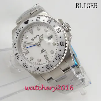 

New 40mm Bliger white dial ceramic bezel deployment style automatic Movement date adjust sapphire glass GMT Men's watch