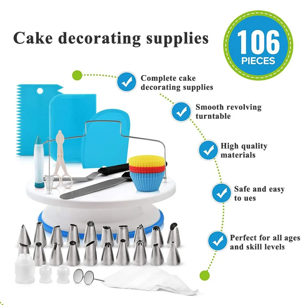 106 pcs Fashion Cake Turntable Set, Cake Decorating Kit Pastry Tube Fondant Tool Kitchen Dessert Baking Pastry Supplies