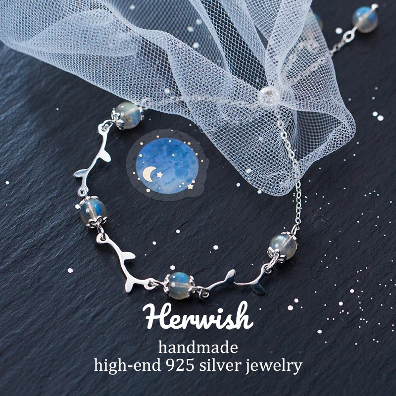 

Herwish Mermaid Tear Drop Bracelet 925 Sterling Silver Flower Branches Moonstone Crystal Bracelets for Women Luck Charm Jewelry