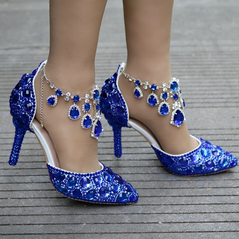 Кристалл Королева женщины синий кристалл горного хрусталя Свадебные туфли выпускного вечера обувь для ночного клуба вечерние свадебные сандалии высокий каблук