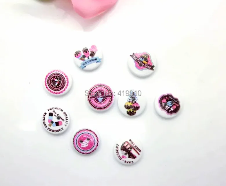 

Free shipping -2015 New Random 100pcs Mixed Lovely Round Cartoon Food Wood Sewing Buttons Scrapbooking 18mm J1403