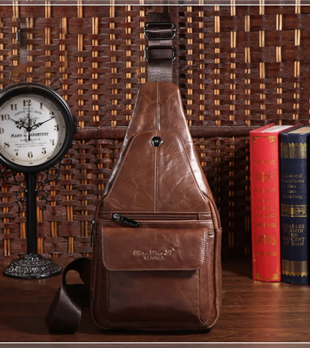 

New Men's First layer Cowhide Genuine Leather Travel Messenger Shoulder Sling Day Pack Chest Casual Rivts Bag