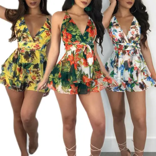 

Meihuida 2019 Fashion Summer Womens Holiday Sleeveless Floral Print Playsuit Mini Shorts Beach Party Romper New