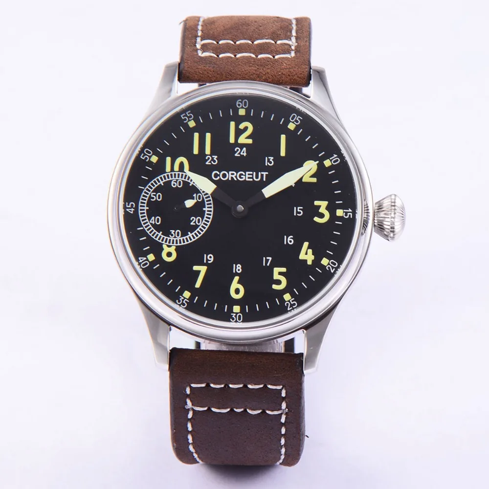 

44mm Corgeut Black Dial Luminous 6497 Hand Winding Movement ST3600 Watch E2002B