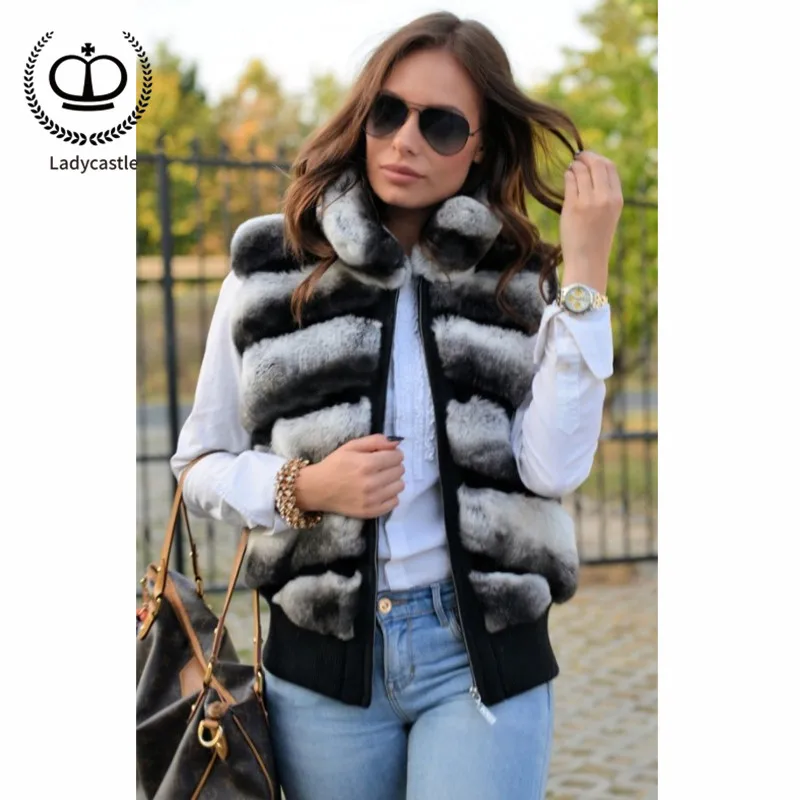 

2018 New Real Chinchilla Rex Rabbit Fur Vest Stand Collar With Zipper Jacket Winter With Real Fur Rex Rabbit Women Coat RB-063