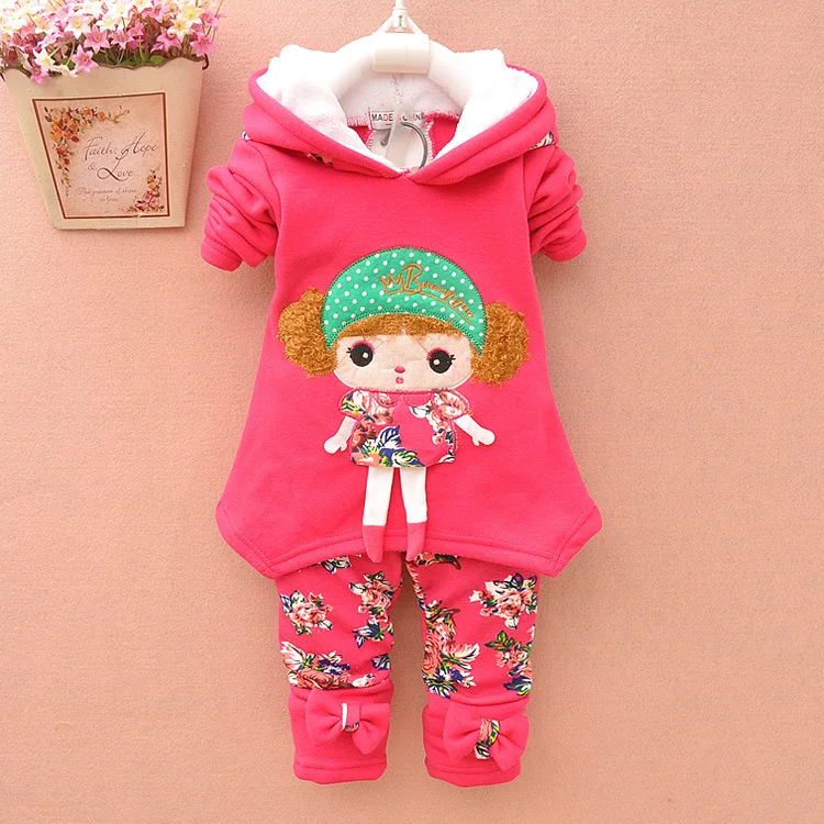 

baby girls Tracksuits Plus Velvet 2 piece set wool Children's winter Clothes Hoodies Jacket Coat Flower leggings Clothes Sets