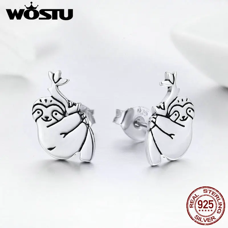 WOSTU Новые 100% Настоящее серебро 925 пробы милые ленивые серьги гвоздики для женщин