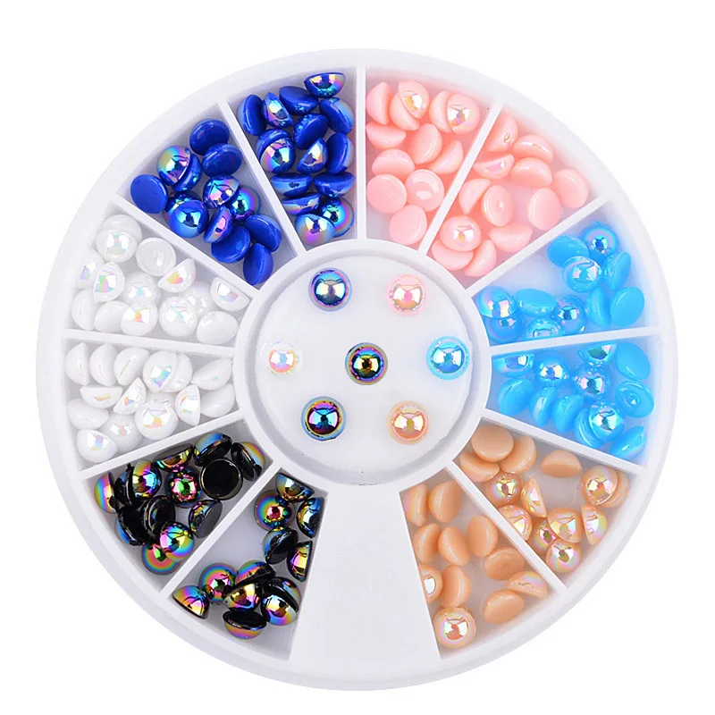AB 3d Pearl Nail Rhinestone Colorful Mixed Size Crystal art Decoration Half Round Heart Eyes Design in Wheel Art Tips | Красота и