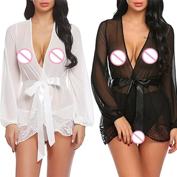 

Women Sexy Lingerie Kimono Bandage Babydoll Sleepwear Short Nightwear Underwear Set Women Chiffon Robes+ Thongs Set S-3XL