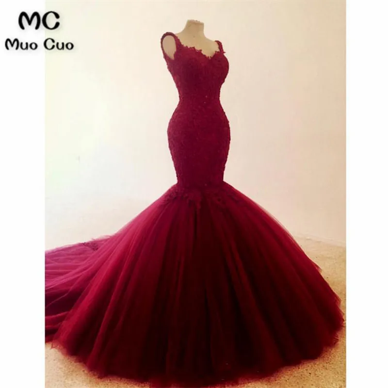 2018 Elegant Burgundy Mermaid Evening Dresses Long Appliques Spaghetti Straps Prom Gown Tulle Formal Evening Party Dress 2018 Elegant Burgundy Mermaid Evening Dresses Long Appliques Spaghetti Straps Prom Gown Tulle Formal Evening Party Dress