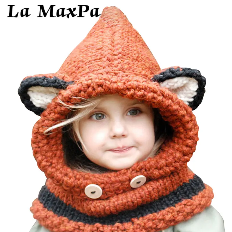 Дизайн, детская шапка, шапка с ушками лисы, зимняя шапка, Детская ветрозащитная шапка и шарф для девочек и мальчиков, вязаная шапка ручной работы Skullies