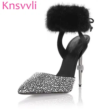 

2019 Sexy Rabbit's hair Metal Thin High Heels Women Pumps Pointed Toe Luxurious Rhinestone Party dress Shoes Woman Slingbacks