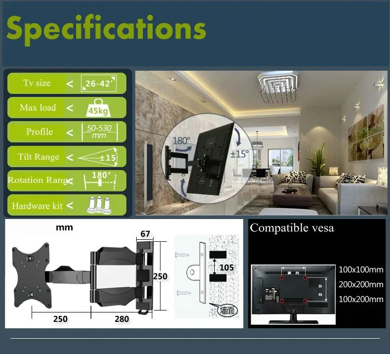 180 градусов поворотный полный движения 2"-50" ЖК светодиодный Телевизор настенный кронштейн Макс. загрузка 45kgs Макс. VESA 400x400 мм