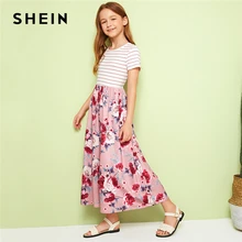 SHEIN Kiddie Girls Ribbed Knit Striped Bodice Floral Print Casual Dress 2019 Summer Short Sleeve Cute Flared Dresses For Kids striped trim ribbed knit dress