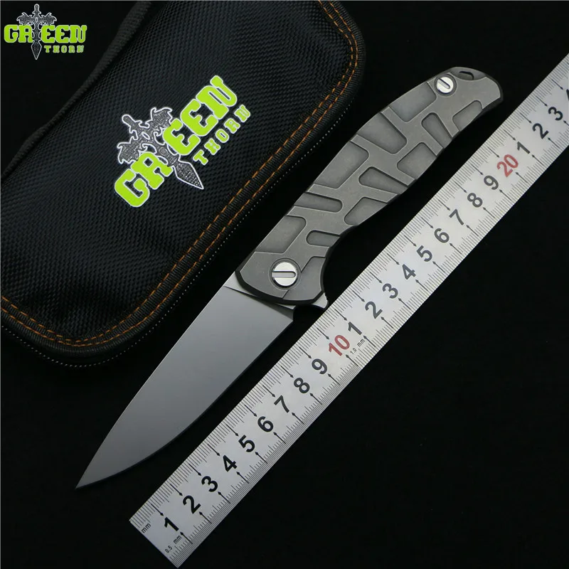 Online Aleta de espino verde 95 D2 hoja de acero modo T mango de titanio al aire libre camping caza bolsillo cocina fruta cuchillo plegable EDC herramienta