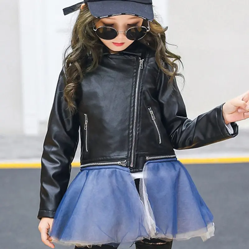 

Spring PU Leather Jacket Girl Shells Jackets Zipper Pocket Biker Solid Korean Style Long Sleeve Patchwork Mesh Streetwear Coats