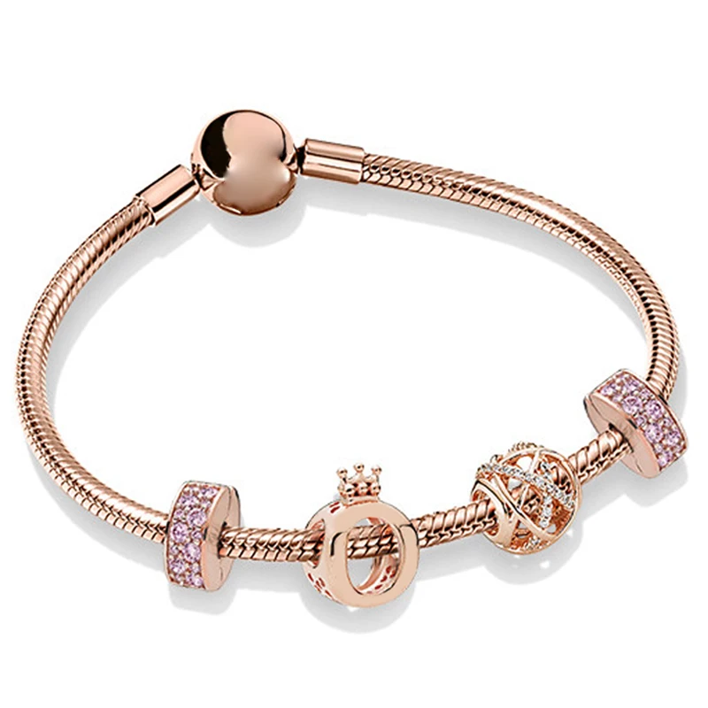 

NEW 100% 925 Sterling Silver Rose Gold Flashing Hollow Elegant Charm Crown Beaded Women Bracelet Set Original Jewelry ZT0246