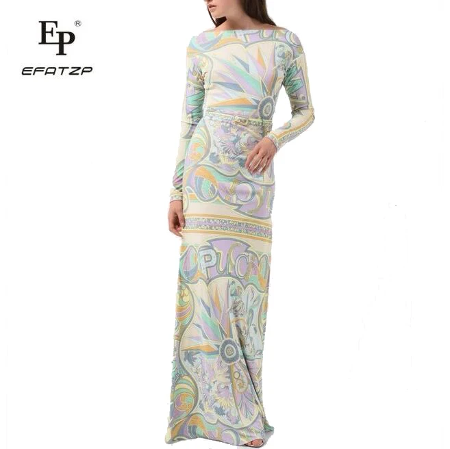 

EFATZP New Fahion Designer Luxury Maxi Dress Women's Long sleeve elegant Geometry Print Stretch Jersey Silk Spandex Long Dress