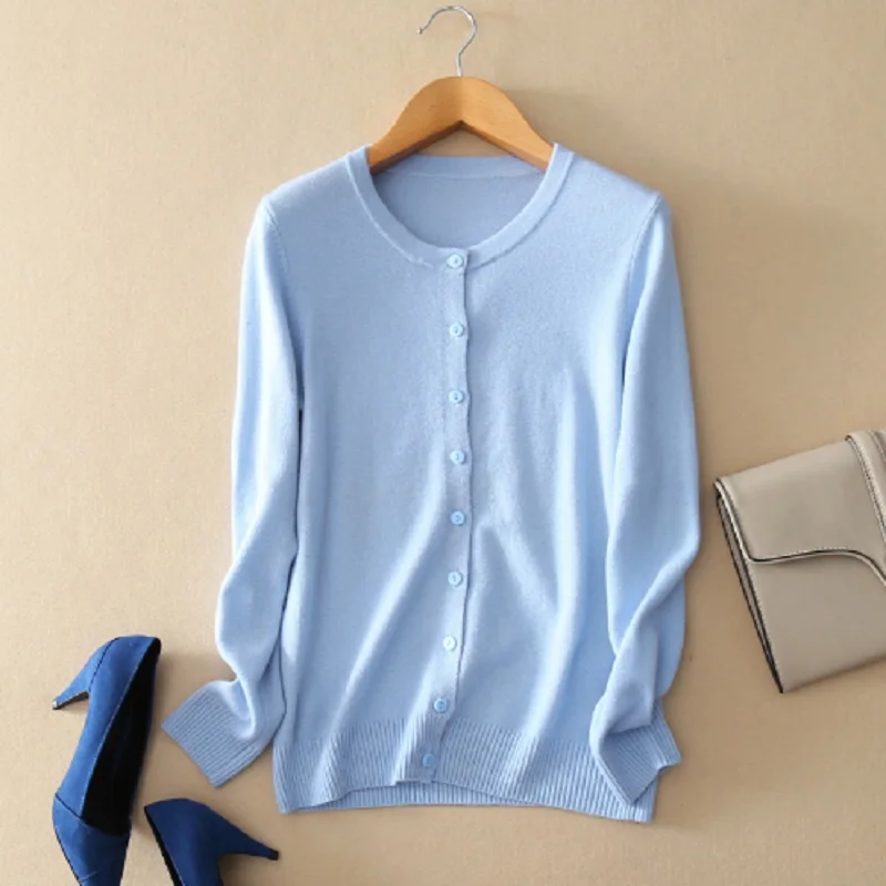 Женский свитер осенний и зимний кашемировый свитер вязаный кардиган с круглым вырезом - Цвет: Синий
