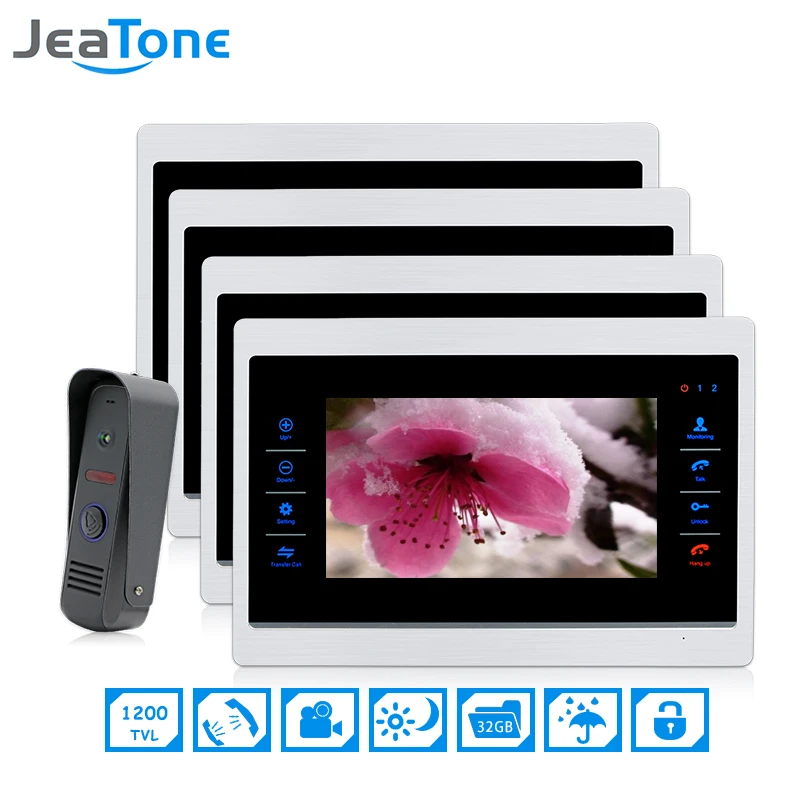 7 inch 1 to 4 Video Door Phone Intercom Door Bell On door Speaker Hands-free Touch Button intercom Waterproof Doorbell JeaTone 7 inch 1 to 4 Video Door Phone Intercom Door Bell On door Speaker Hands-free Touch Button intercom Waterproof Doorbell JeaTone