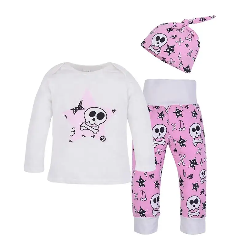 

3pcs Newborn Baby Skull Print Clothes Set Long Sleeve T-shirt+Long Pants + Hat Outfits Set Pink Green Newborn Holloween Clothes