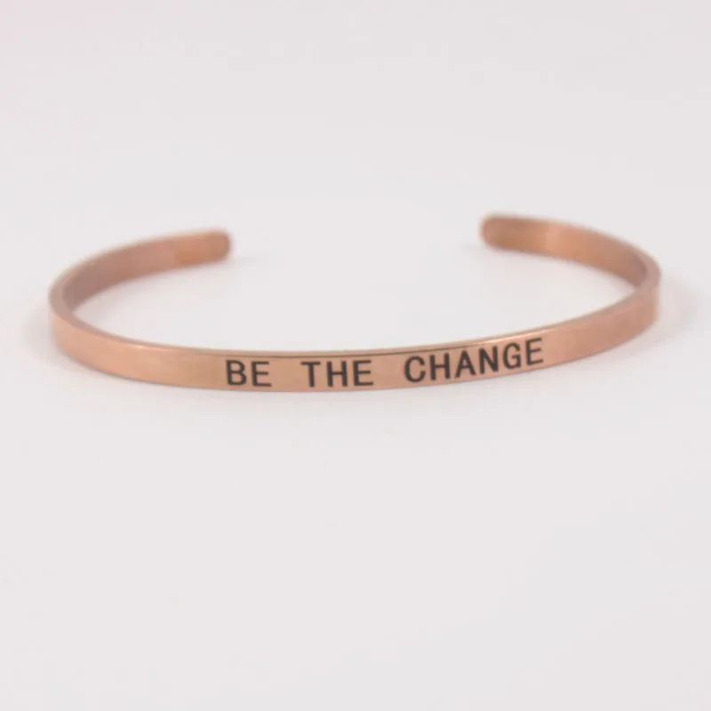 

Rosegold 4MM"BE THE CHANGE" Stainless Steel Engraved Positive Inspirational Quote Cuff Mantra Bracelet Bangle