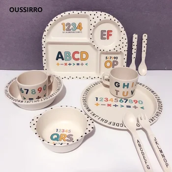

Baby Feeding Bowl Plate Dishes Fork Spoon Cup 5Pcs/Set Children Tableware Bamboo Fiber Kids Cartoon Separation Feeding Plate