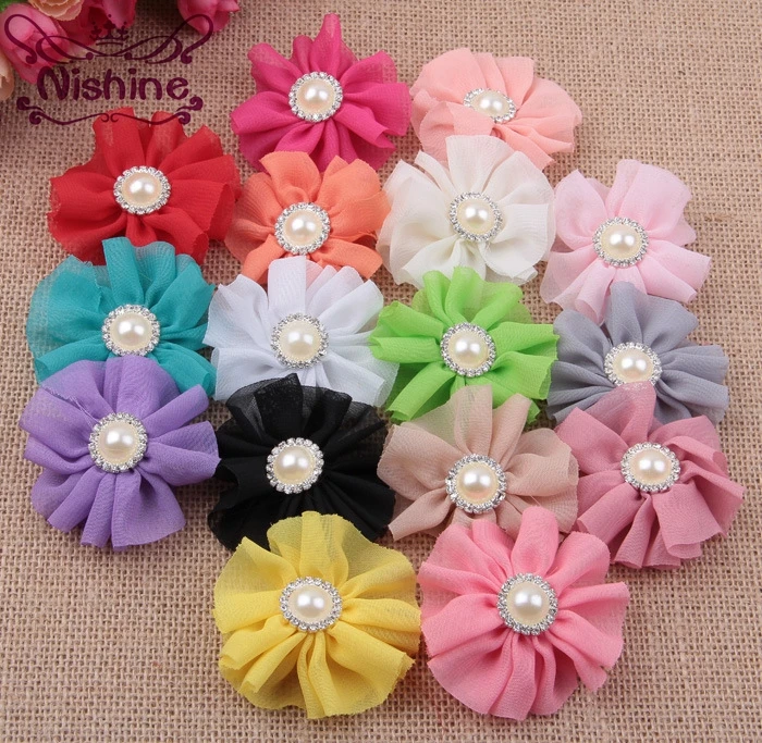 

Nishine 30pcs/lot 2.4" Chiffon Flower With Pearl Rhinestone Button Center For Girl Women Headband Hair Clip DIY Hair Accessories